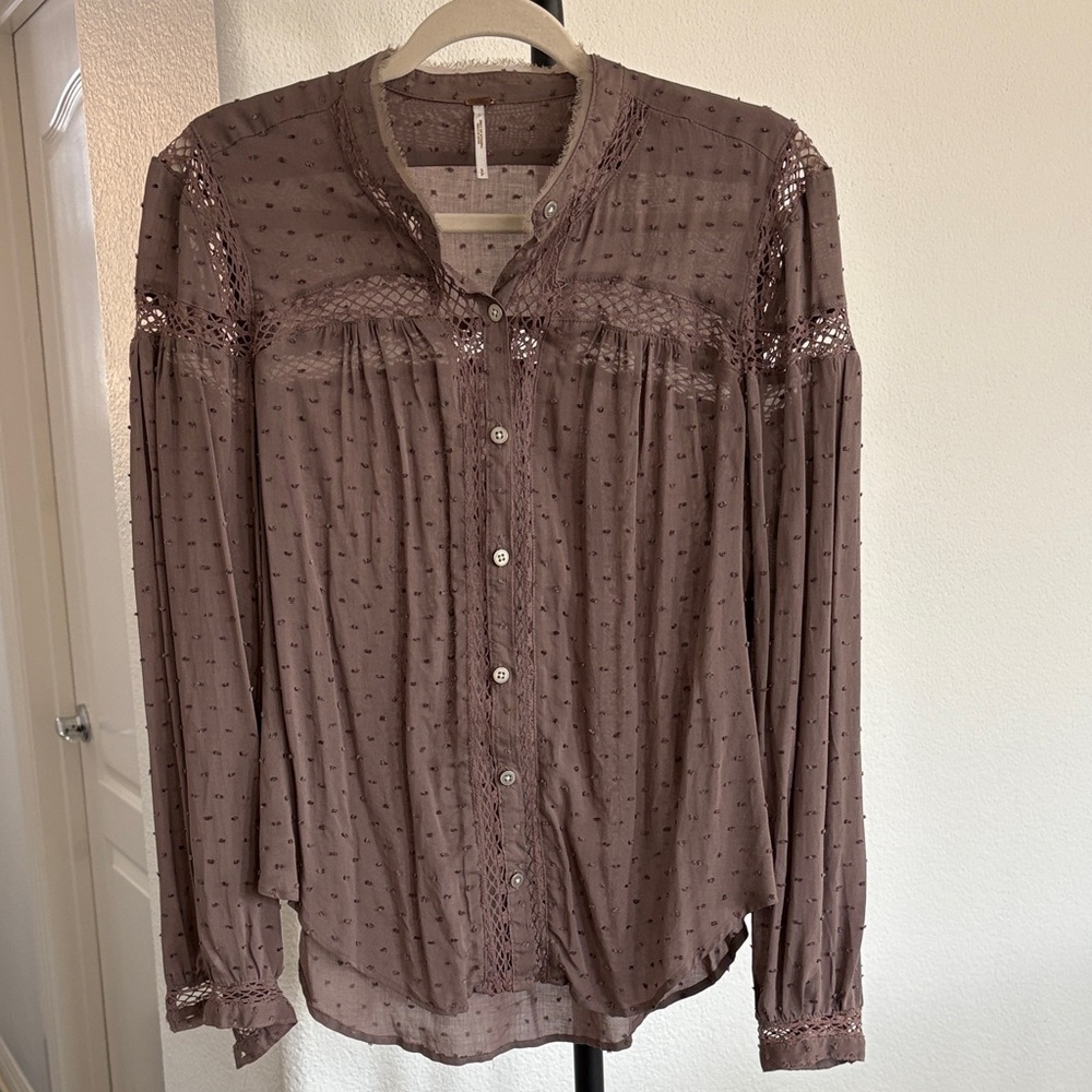 Free People Everyday Girl Swiss Dot Button Down Long Sleeve NWOT Size S